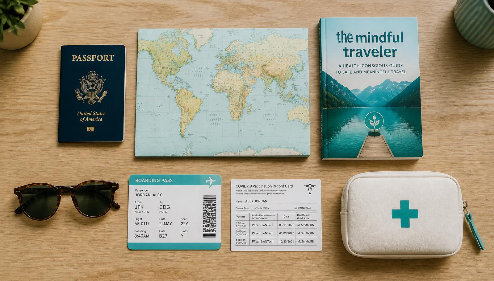 Pharmacist preparing a travel vaccination in a consultation room with a world map, passport and travel documents on the desk