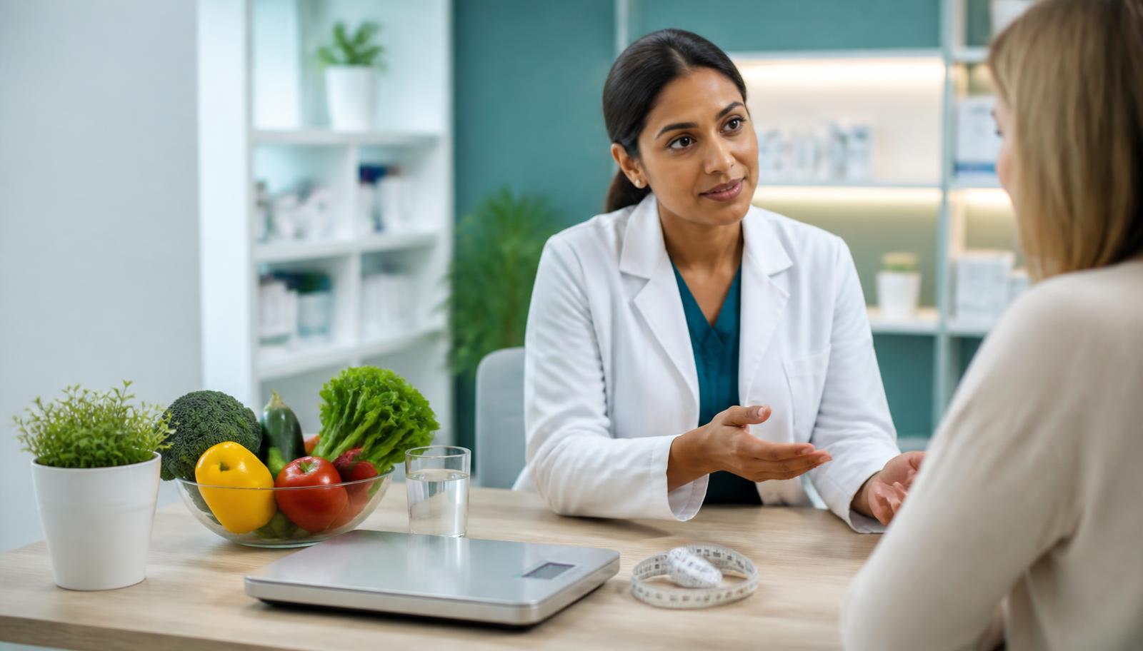 Pharmacist discussing weight management options with a patient at a consultation desk with scales, tape measure and fresh vegetables